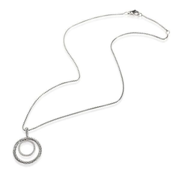 David Yurman Sterling Silver Cable Circle Pendant Necklace With Diamonds 16"-17" - Picture 3 of 9